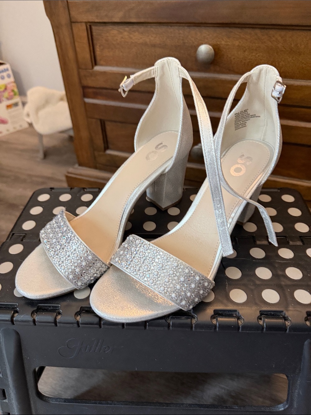 SO Silver Crystal Block Heel Sandals with Ankle Strap